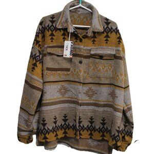 NWT Women's Vintage Aztec Print XXL Loose Shacket Button Down Long Sleeve Woolen